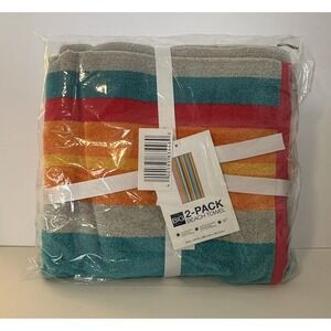 The Big One Striped Colorful 2-Pack Beach Towel 100% Cotton 34 in. x 64 in.